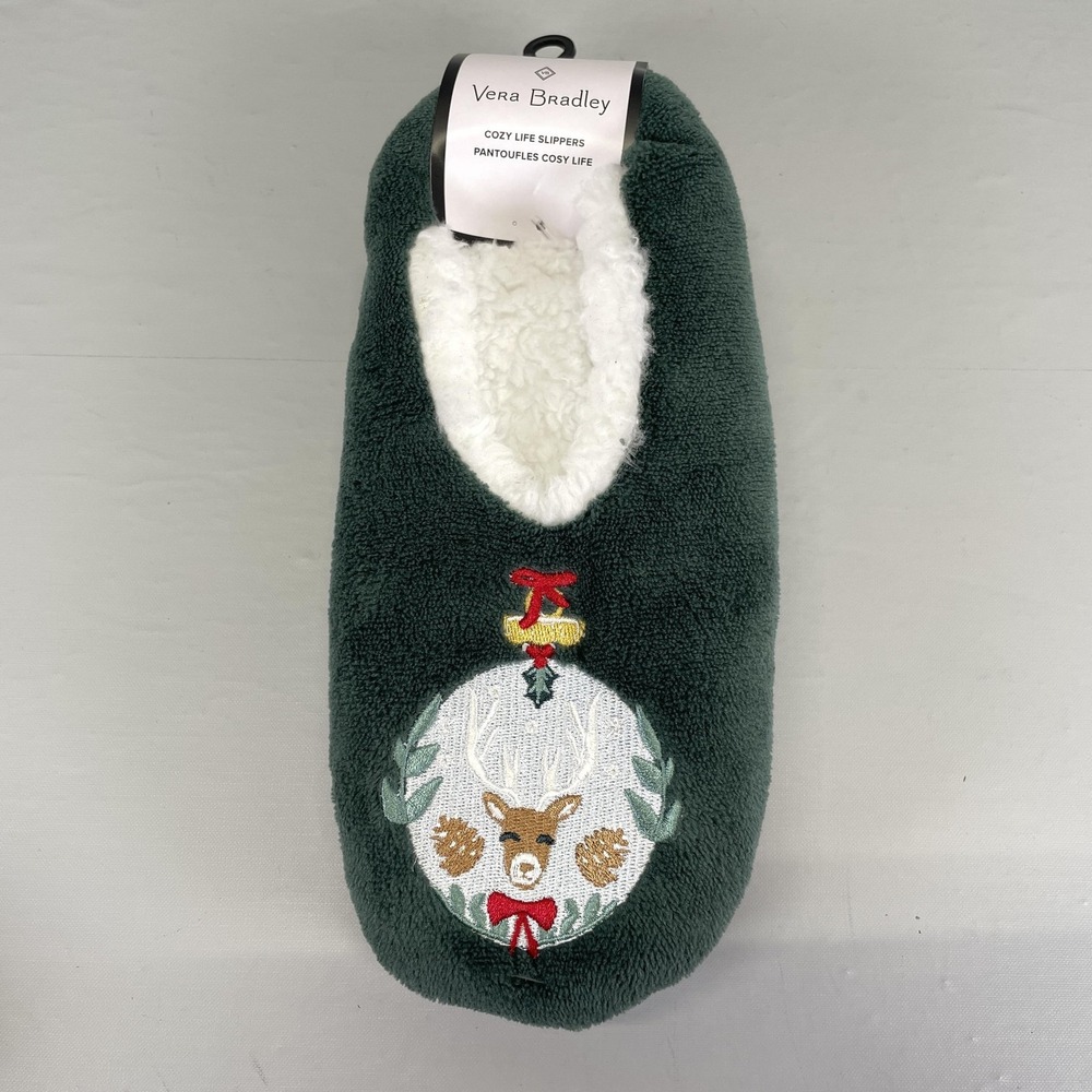 Vera Bradley Slippers Womens Size 9-10 Green Merry Mischief Ornaments Fleece